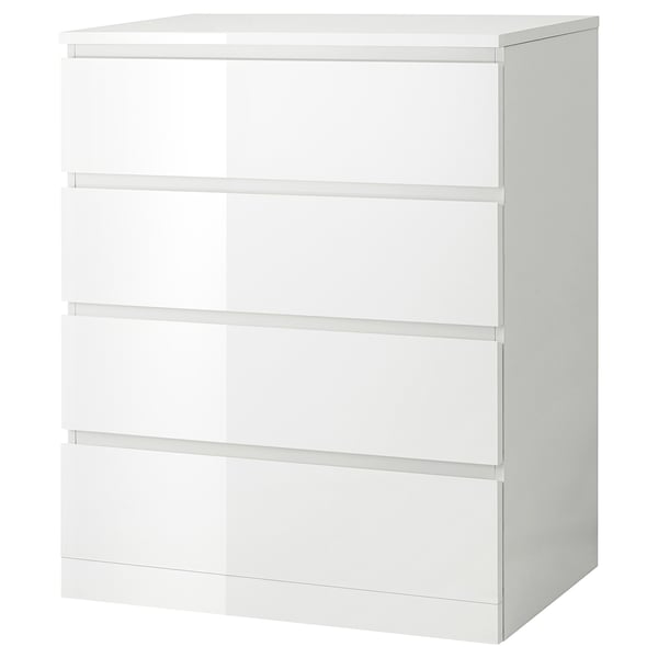 A white MALM chest of drawers with four drawers, smooth surfaces, and clean design.
