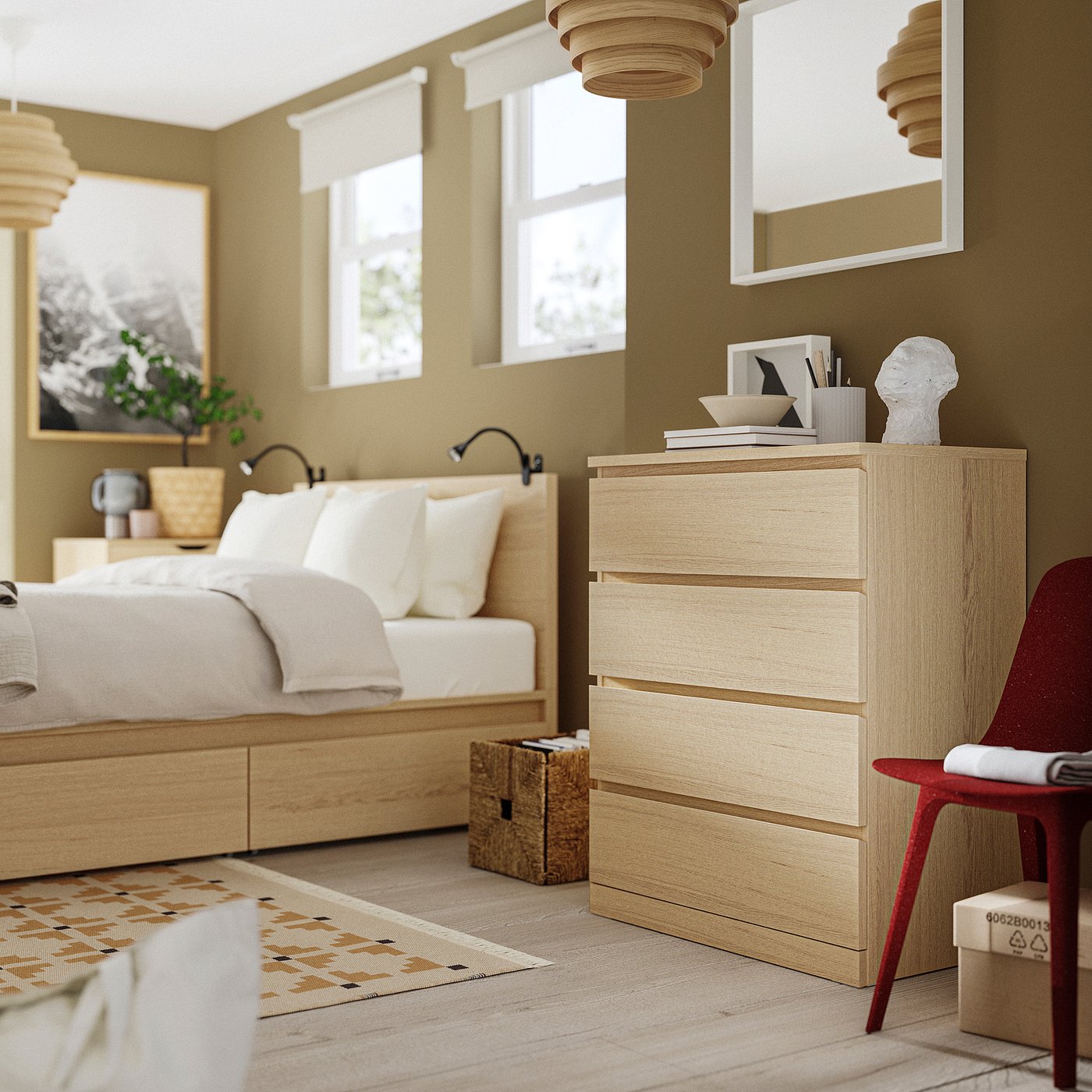 Chest of 4 drawers, MALM, white stained oak veneer, 80x100