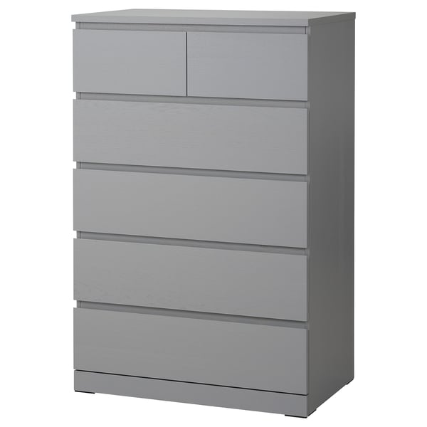 This image shows a grey MALM chest of drawers with six drawers. It has a sleek, rectangular design with a smooth finish.