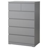 This image shows a grey MALM chest of drawers with six drawers. It has a sleek, rectangular design with a smooth finish.