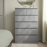 Grey MALM chest in bedroom, six drawers, under mirror.