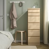 Modern bedroom with MALM dresser, bed, stool, and decor.