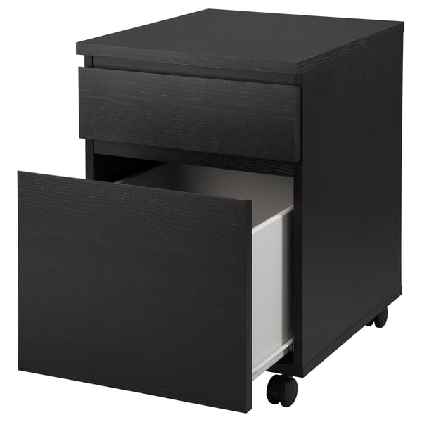 Black wooden mobile drawer unit with one open drawer, showcasing its storage and mobility.