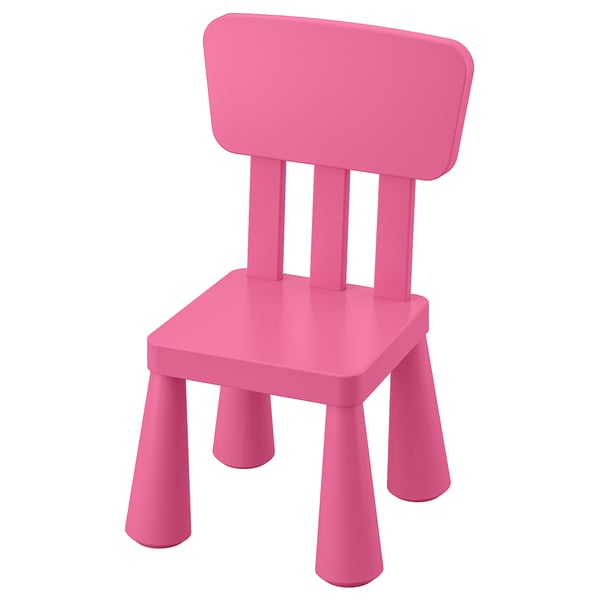 Bright pink, kid-friendly chair. Lightweight and sturdy, perfect for outdoor play. Square seat, tall back, four tapered legs.