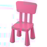 Bright pink, kid-friendly chair. Lightweight and sturdy, perfect for outdoor play. Square seat, tall back, four tapered legs.