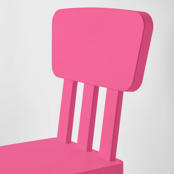 Bright pink childrens chair with smooth back and wide seat, sturdy and comfortable.