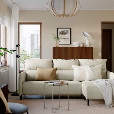 MANNARP 3-seat sofa with chaise longue, Saxemara grey-beige