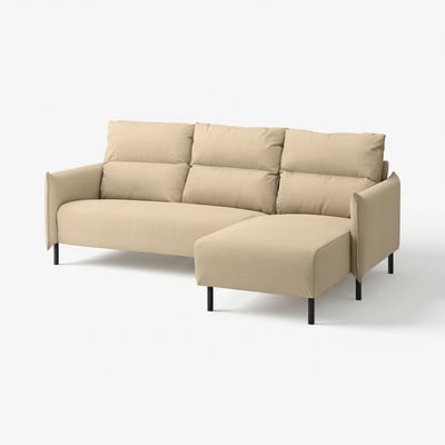 Modern beige sofa with chaise, high back, soft cushions, black metal legs.