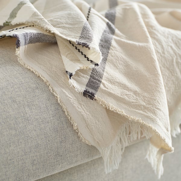 Textured, striped throw blanket with fringe, folded neatly on light-colored fabric.
