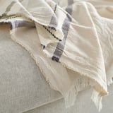 Textured, striped throw blanket with fringe, folded neatly on light-colored fabric.