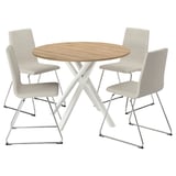 The MARIEDAMM dining set with a light wood round table and four gray fabric chairs.
