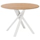 Option: Modern round dining table with light wood top and white crossed metal legs. Elegant and sturdy design.