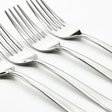 Multiple polished forks arranged neatly, reflecting light; high-quality silverware.