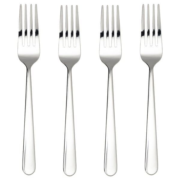 Four silver MARTORP stainless steel forks lined up neatly, polished and shining.