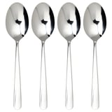 Four identical stainless steel spoons, silver, sleek design, modern shape.