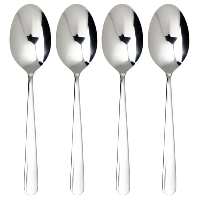 Four identical stainless steel spoons, silver, sleek design, modern shape.