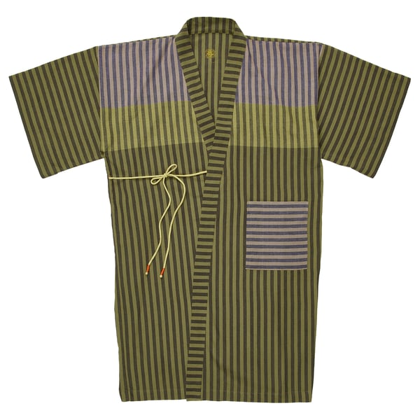 Green striped cotton bathrobe with front pockets and adjustable belt.