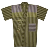 Green striped cotton bathrobe with front pockets and adjustable belt.