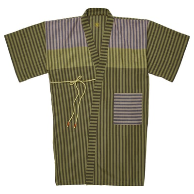 Green striped cotton bathrobe with front pockets and adjustable belt.