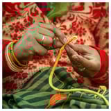 Womans hands in red traditional outfit, weaving yellow-green yarn with orange bobbins, showcasing handcraft.