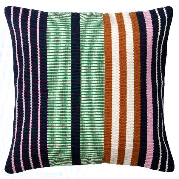 Handwoven striped throw pillow, colorful, cotton mix. Rectangle shape with zipper closure.