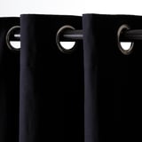 Black curtains with eyelet heading for easy hanging. Darkens room, provides privacy, regulates temperature.