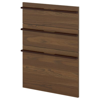 Dark brown wood veneer cabinet panel with horizontal grooves and handles.