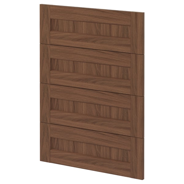 Displays a dark brown wooden cabinet door with a horizontal slatted design.
