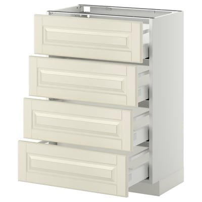 A white METOD kitchen cabinet with four off-white bodbyn drawers, each featuring beveled edges. It has a sturdy frame with smooth-running drawers.