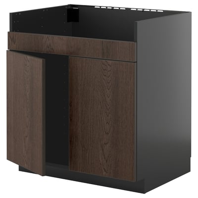 Modern kitchen unit, black & dark brown, square, with wooden doors.
