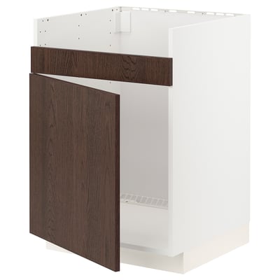 A white METOD kitchen unit with dark brown sinarp wood doors, featuring solid wood edging.