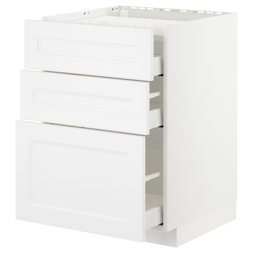 A white METOD kitchen cabinet with three drawers and a door, made from fiberboard and particleboard.