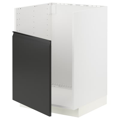 Modern black kitchen cabinet with white frame, sleek design, sturdy construction.