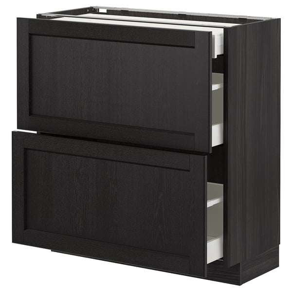 Black kitchen cabinet with two drawers, dark wood finish, rectangular shape. Smooth-glide drawers, part of the METOD system.