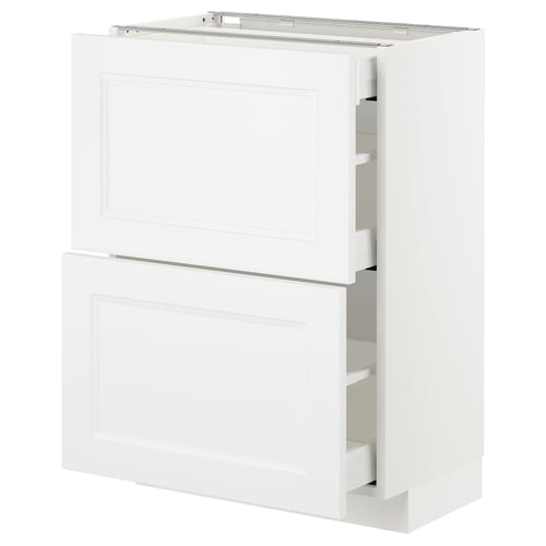A white ikea METOD kitchen cabinet with two open drawers, displaying its storage compartments.
