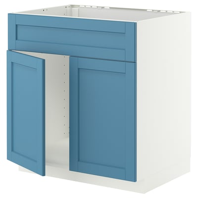 METOD Base cabinet f sink w 2 doors/front, white/Lerhyttan blue, 80x60 cm