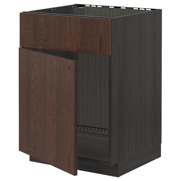 Dark brown wooden cabinet with a pull-out drawer, part of ikea METOD kitchen system.