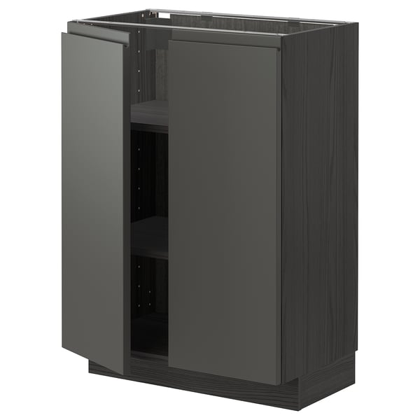 A dark gray ikea METOD kitchen cabinet with two open doors featuring integrated handles. The cabinet has a modern look and sturdy construction.