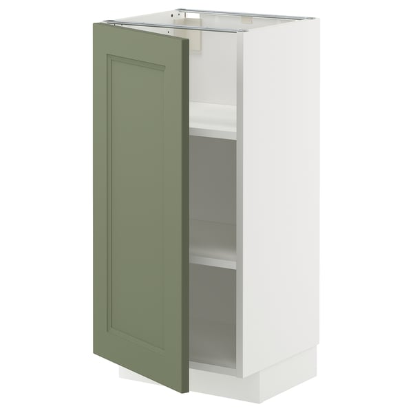 METOD kitchen cabinet, grey-green, slim rectangular design with white interior, single adjustable shelf.