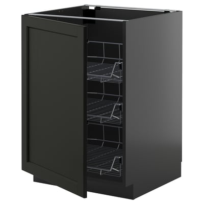 Black kitchen cabinet with pull-out wire racks, modern design, metal frames, dark stained finish.