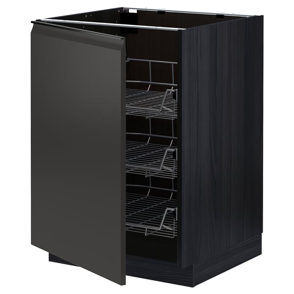Black kitchen cabinet, open design with wire racks, dark wood finish.