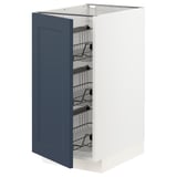 Modern kitchen cabinet in white with blue door, pull-out wire baskets, square shape.
