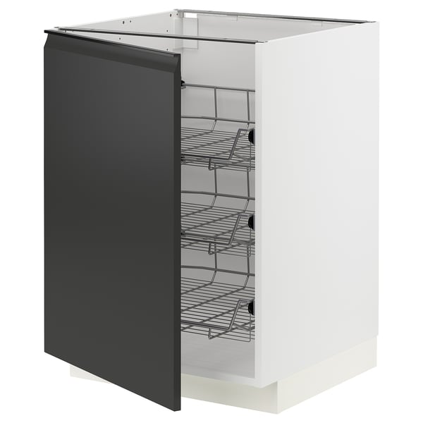 A white METOD kitchen cabinet with a black door featuring a modern design and metallic handles. It has multiple wire shelves inside.
