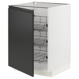 A white METOD kitchen cabinet with a black door featuring a modern design and metallic handles. It has multiple wire shelves inside.