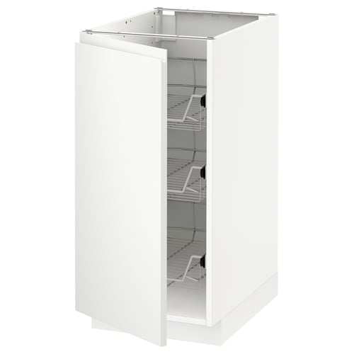 A white METOD kitchen cabinet with three wire shelves and a hinged door.