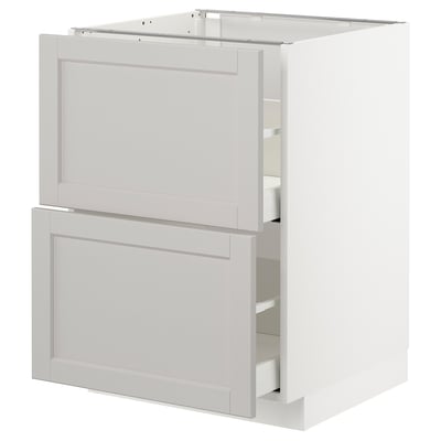 A white ikea METOD kitchen cabinet with multiple drawers. It has a classic design with a smooth, beveled edge finish.