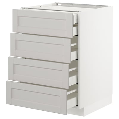 A white METOD kitchen cabinet with four drawers in a classic design. The cabinet beveled edges and smooth-running, self-closing drawers.
