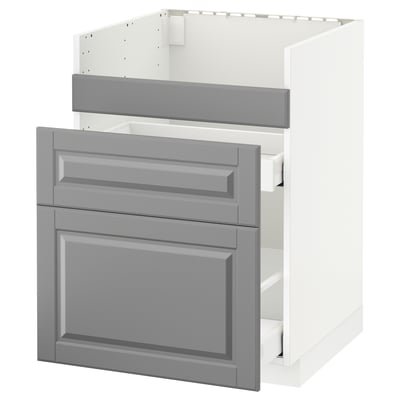 Ikea METOD white base cabinet with grey drawer fronts.