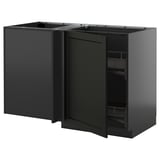 METOD kitchen unit in black with open door, corner pull-out shelf, dark grey.