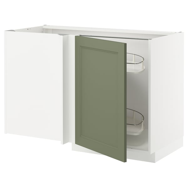 Open green kitchen cabinet, white frame, two shelves.
